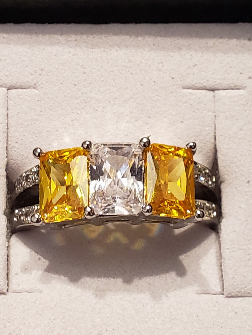 NEW SZ 8 CITRINE & WHITE TOPAZ 3-STONE EMERALD-CUT, BRILLIANT FACETING-STERLING